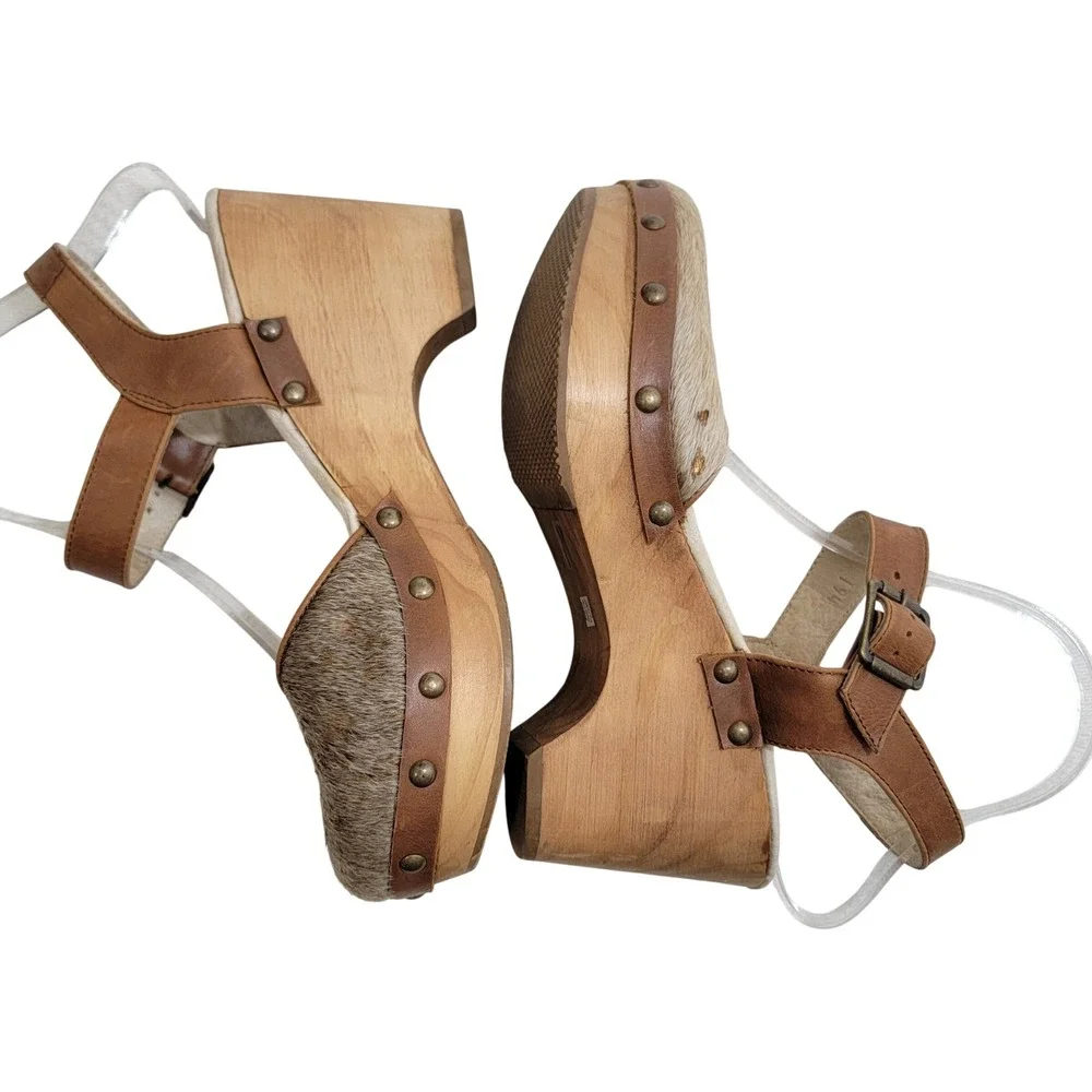 Five Worlds Womens 8 Brown Calf Hair Spotted Wood Wedge Platform‎ Clog Sandals